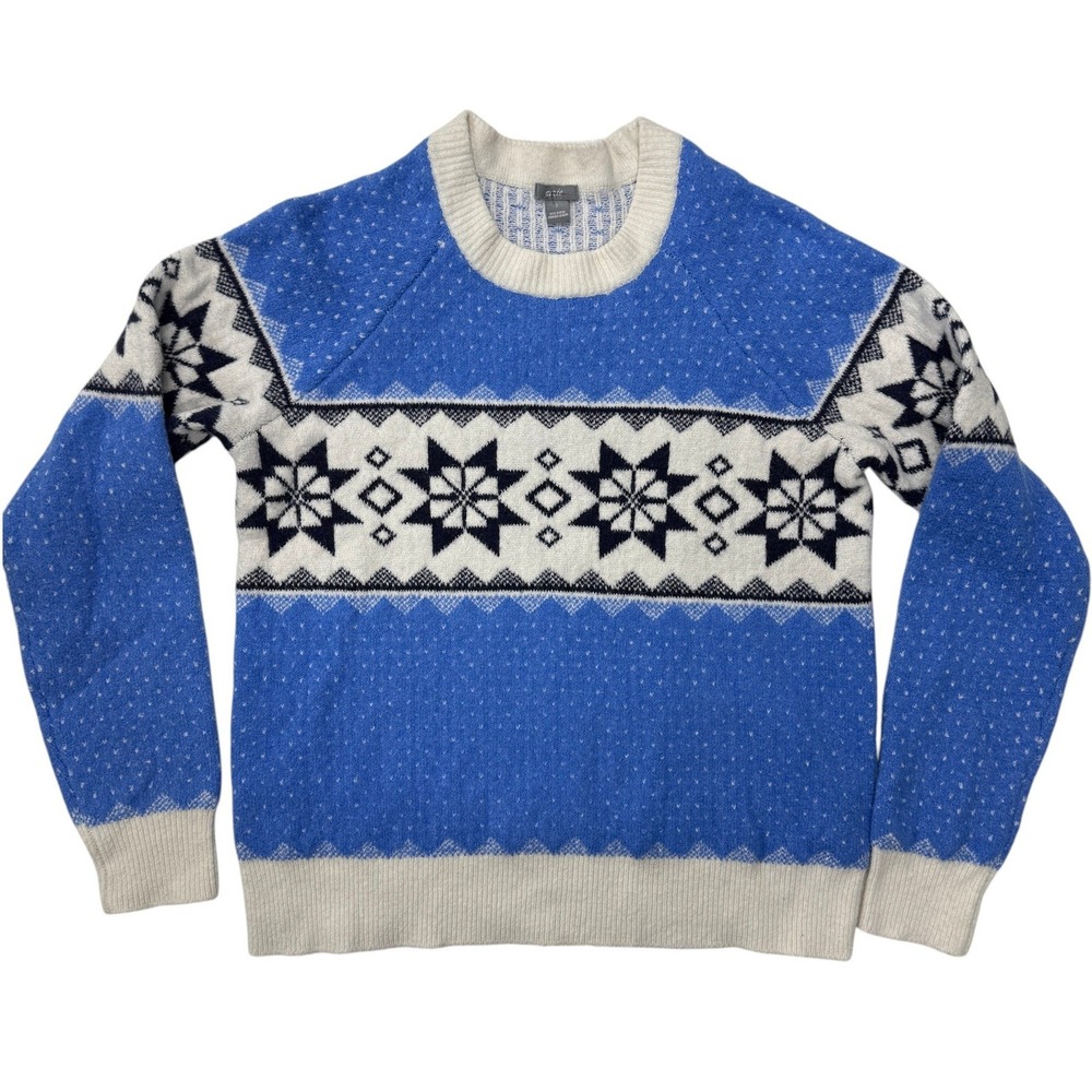 Aerie Womens Blue Fair‎ Isle Snowflake Knit Crewneck Sweater Small Raglan Sleeve